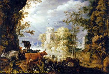 A wooded landscape with animals by a lake
