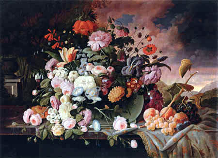 Still Life with Flowers and Fruits in a Landscape