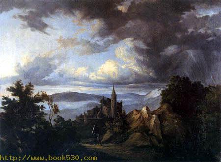 Thunderstorm landscape with castle and knight