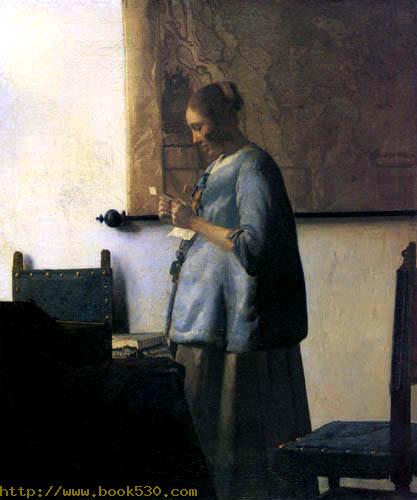 Woman in Blue Reading a Letter