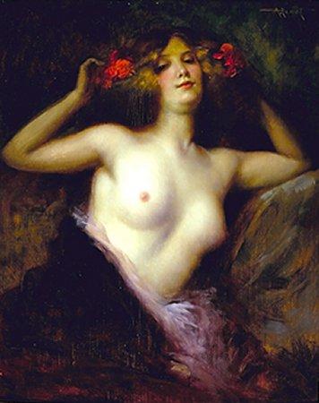 Nude with red flowers in hair