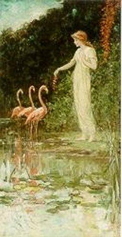 Standing Woman with Three Pink Flamingos