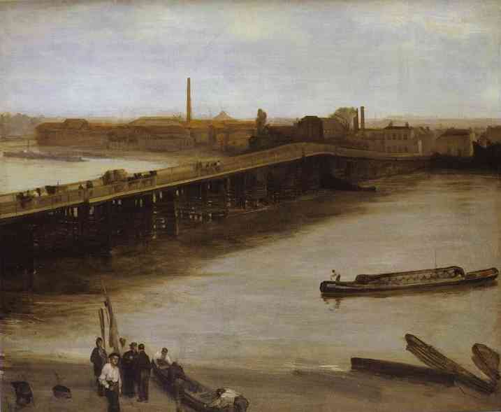 Oil painting:Brown and Silver: Old Battersea Bridge. 1859