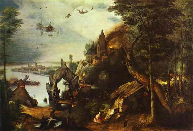 Oil painting:Bruegel or his follower. The Temptation of St. Anthony.