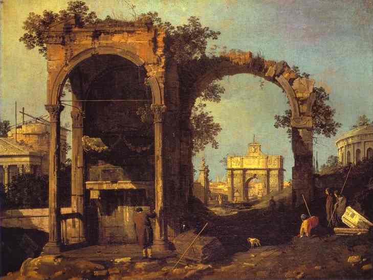 Oil painting:Capriccio: Ruins and Classic Buildings. 1730