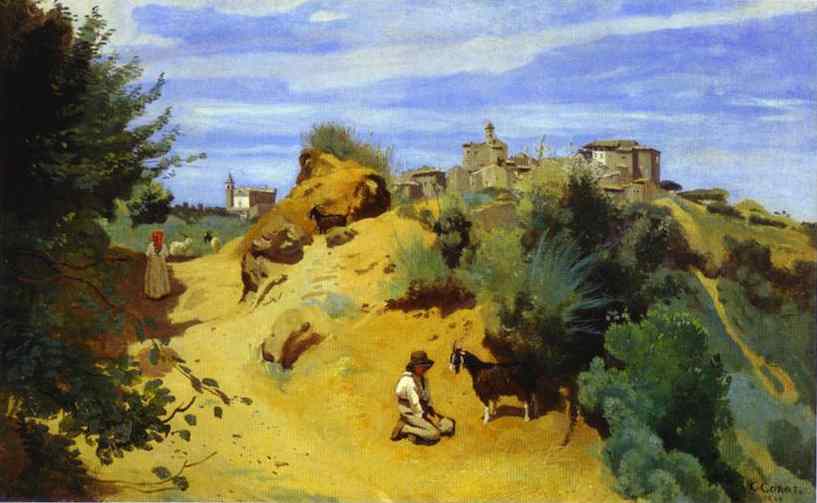 Oil painting:Genzano. Goatherd and View of a Village. 1843