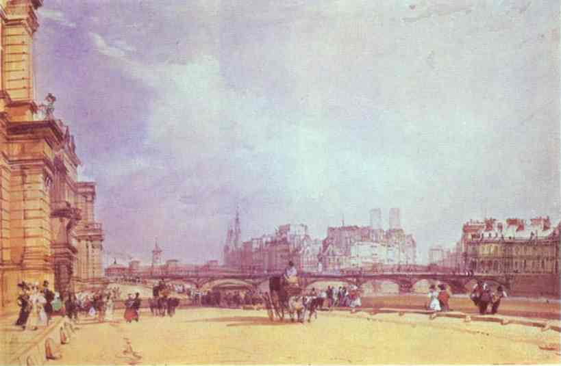 Oil painting:Paris. Quai du Louvre. 1828