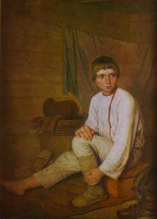 Oil painting:Peasant Boy Putting on Bast Sandals. 1823