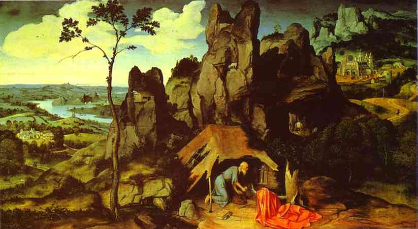 Oil painting:St. Jerome in the Desert. Oil on wood. Louvre, Paris, France.