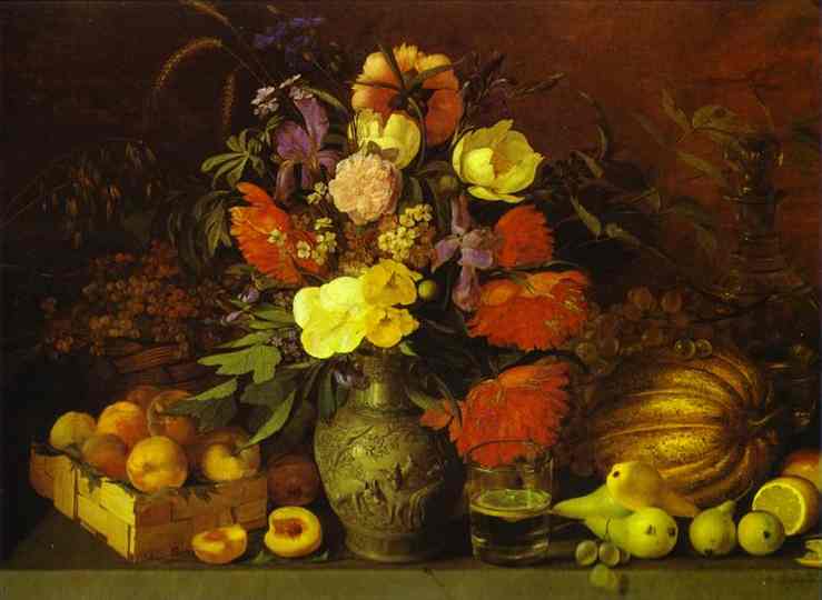 Oil painting:Still-Life. Flowers and Fruit. 1839