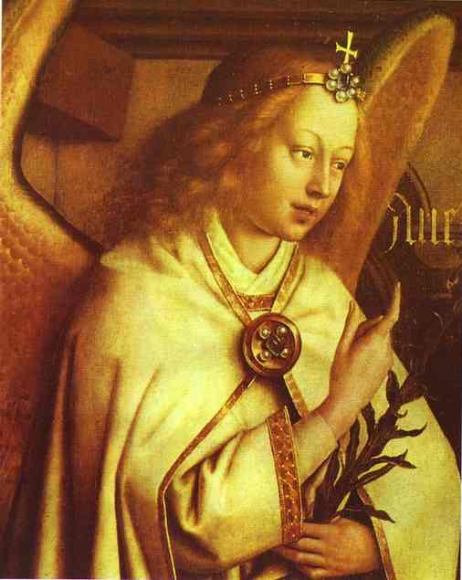 Oil painting:The Annunciation. Gabriel. (Detail). 1432