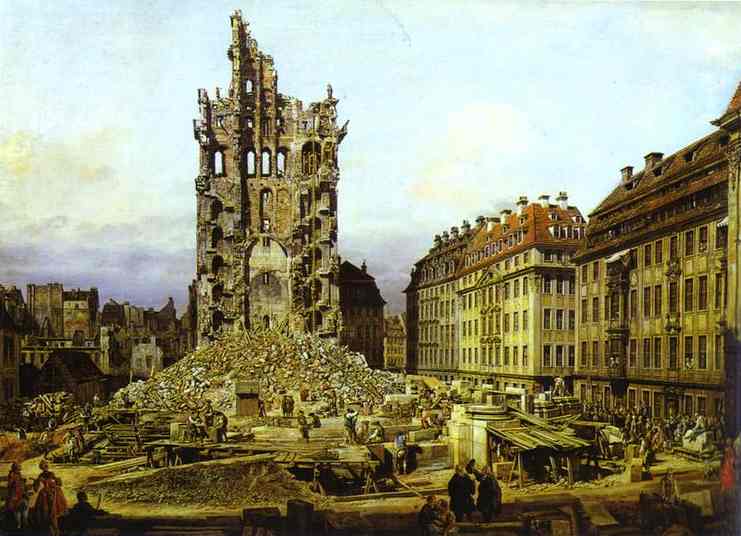 Oil painting:The Ruins of the Old Kreuzkirche in Dresden. 1765