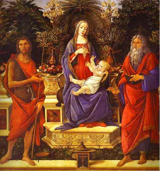 Oil painting:Virgin and Child Enthroned between Saint John the Baptist and Saint John the Evangelist