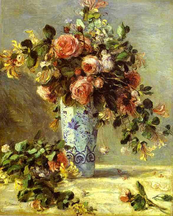 Roses and Jasmin in a Delft Vase. (Les roses et jasmin dans le vase de Delft). c. 1880