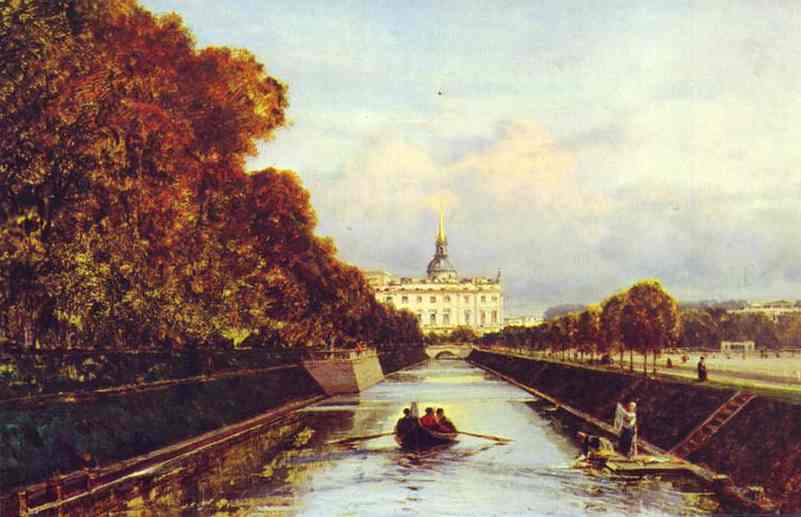 Oil painting:View of the St. Michael Palace in St. Petersburg from the Swan Canal. 1870