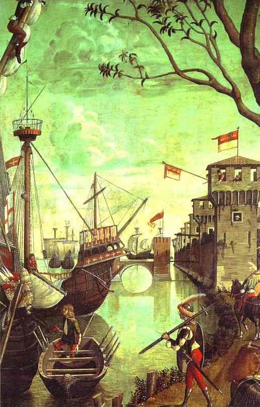 Oil painting:The Legend of St. Ursula: Arrival in Cologne. Detail. 1490