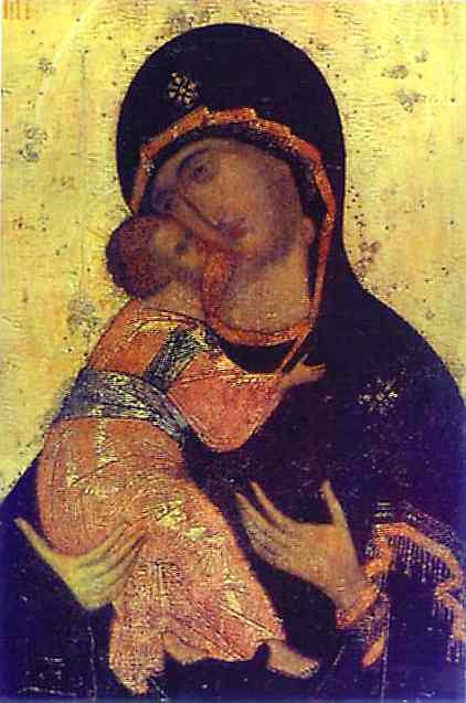 Oil painting:The Virgin of Vladimir. Detail. After 1410