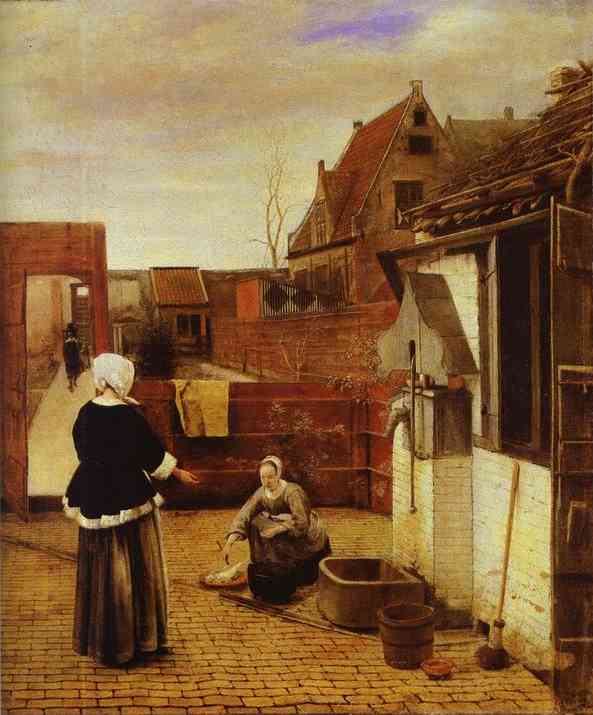 Oil painting:A Woman and Her Maid in a Courtyard.