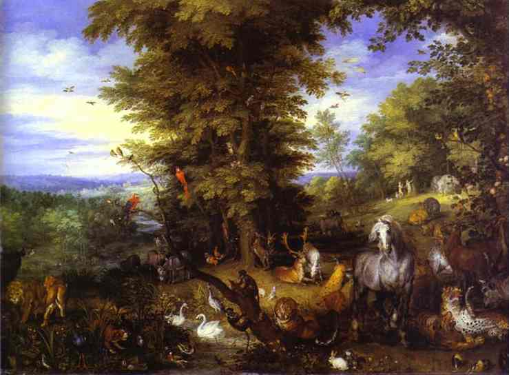Oil painting:Adam and Eve in the Garden of Eden. 1615