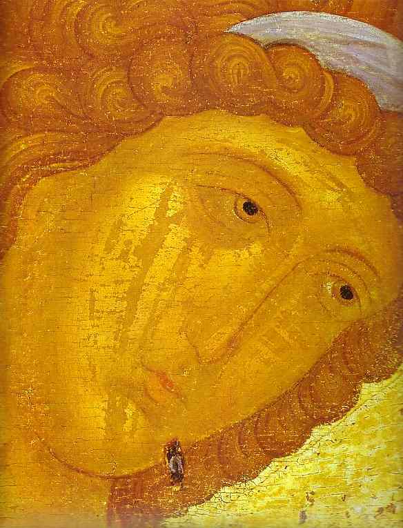 Oil painting:Archangel Michael. Detail. c. 1420