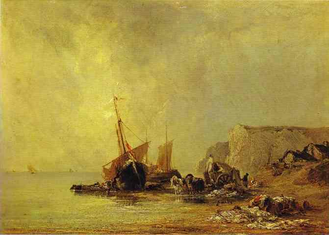 Oil painting:Boats by the Shores of Normandy. c.1825