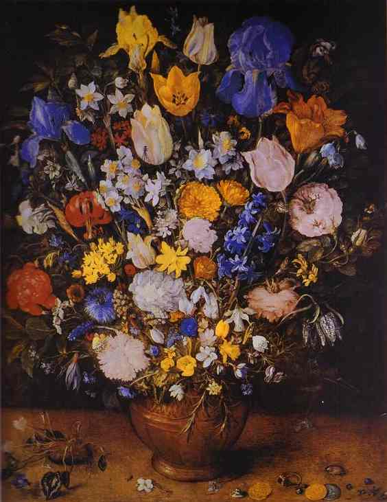 Oil painting:Bouquet in a Clay Vase. c. 1599