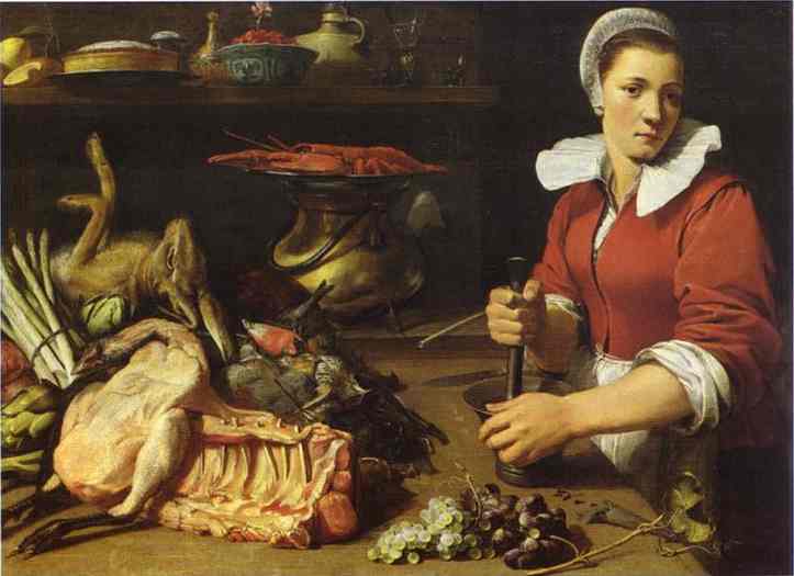 Oil painting:Cook with Food. c.1630-1640