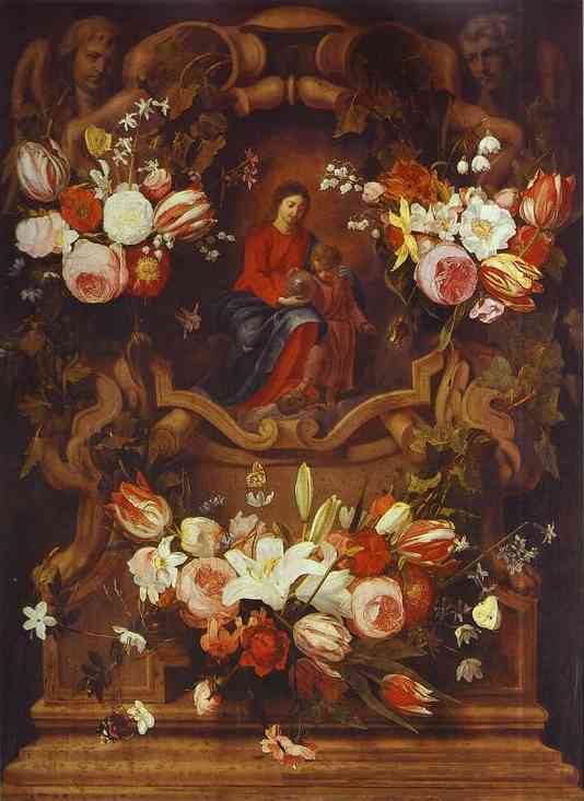 Oil painting:Daniel Seghers and J. van Thielen. Floral Wreath with Madonna and Child.