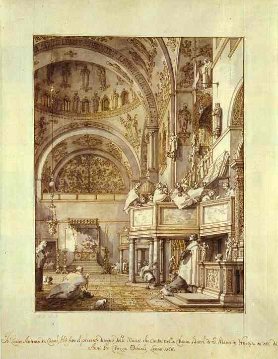 Oil painting:San Marco: the Crossing and North Transept, with Musicians Singing. 1766