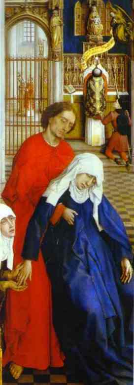 Oil painting:Seven Sacraments Altarpiece. Virgin Mary and St. John. Detail of the cental part.