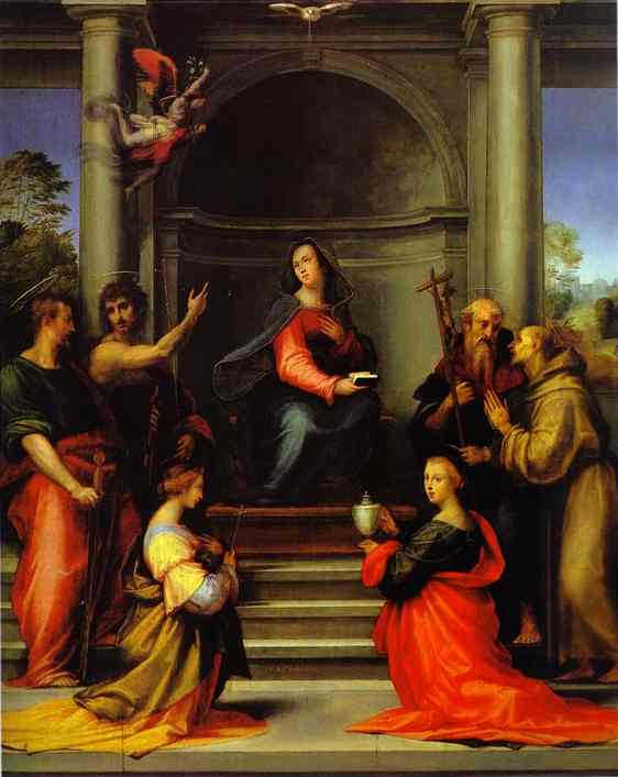 Oil painting:The Annunciation, with Saints Margaret, Mary Magdalen, Paul, John the Baptist, Jerome