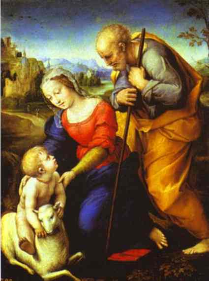 Oil painting:The Holy Family with a Lamb. 1507