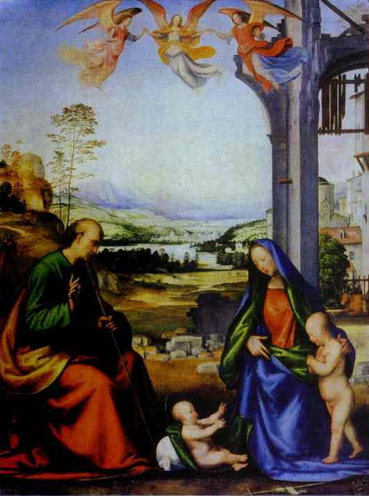 Oil painting:The Holy Family with St. John the Baptist. 1500