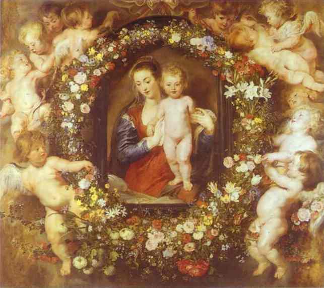 Oil painting:Jan Brueghel the Elder and Peter Paul Rubens. Madonna in Floral Wreath. c. 1620