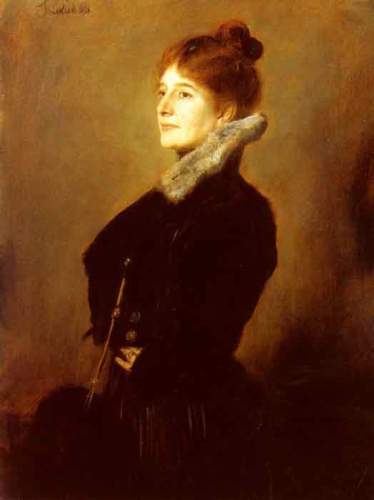 Oil painting for sale:Portrait Of A Lady Wearing A Black Coat With Fur Collar, 1898