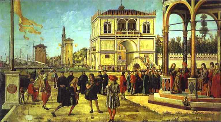 Oil painting:The Legend of St. Ursula: Return of the Ambassadors. c. 1495