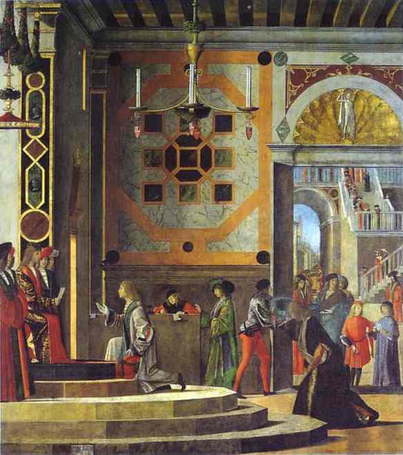 Oil painting:The Legend of St. Ursula: Departure of the Ambassadors. 1495