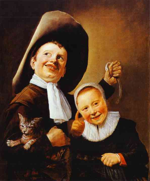 Oil painting:A Boy and a Girl with a Cat and an Eel. c. 1635