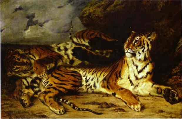 Oil painting:A Young Tiger Playing with its Mother. 1830