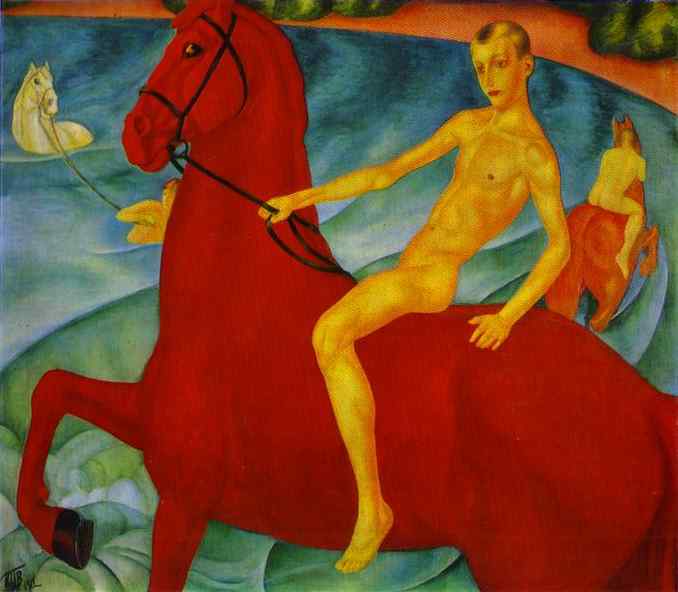 Oil painting:Bathing of a Red Horse. 1912