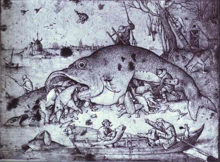 Oil painting:Big Fish Eat Little Fish. 1556