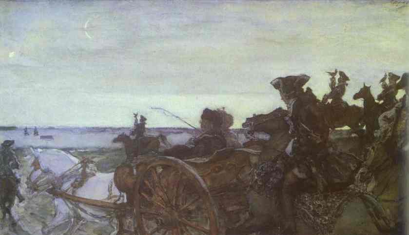 Oil painting:Catherine II Setting out to Hunt with Falcons. 1902