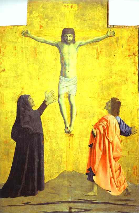Oil painting:Crucifixion. Pediment panel of the Polyptych of the Misericordia. 1444