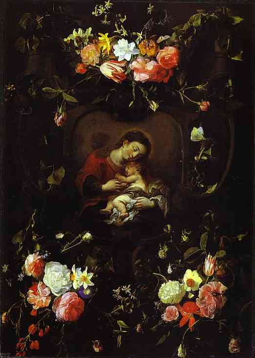 Oil painting:Floral Wreath with the Virgin and Child.