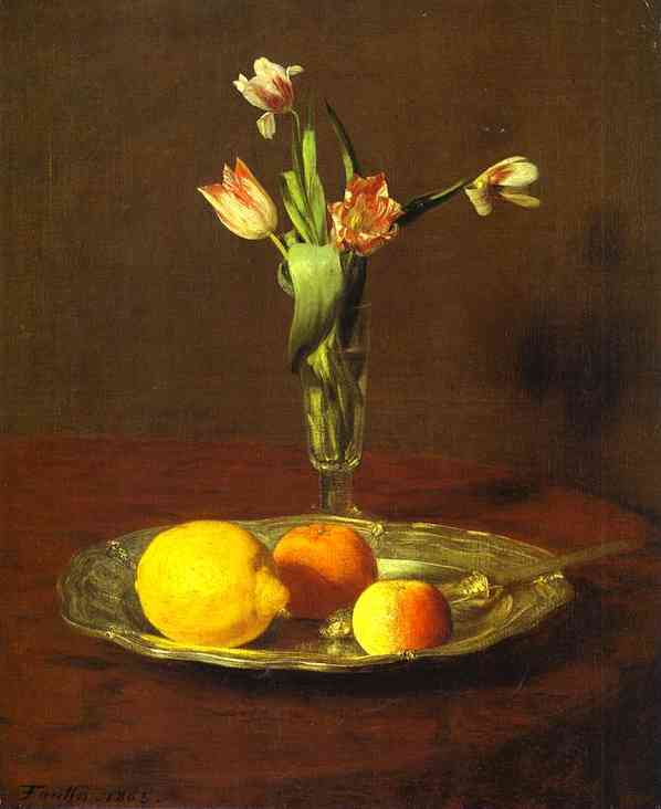 Oil painting:Lemons, Apples and Tulips (Citron, pommes et tulipes). 1865