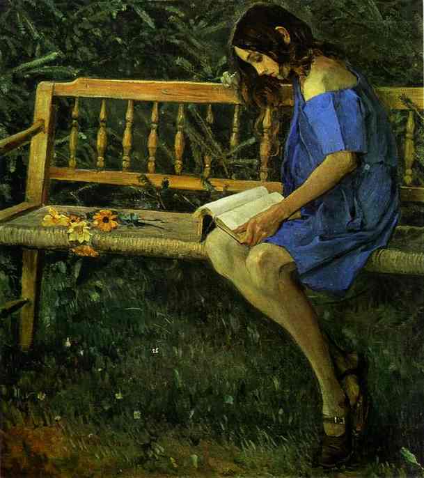 Oil painting:Portrait of Natasha Nesterova (On a Garden Bench). 1914