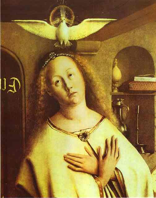 Oil painting:The Annunciation. Virgin. (Detail). 1432