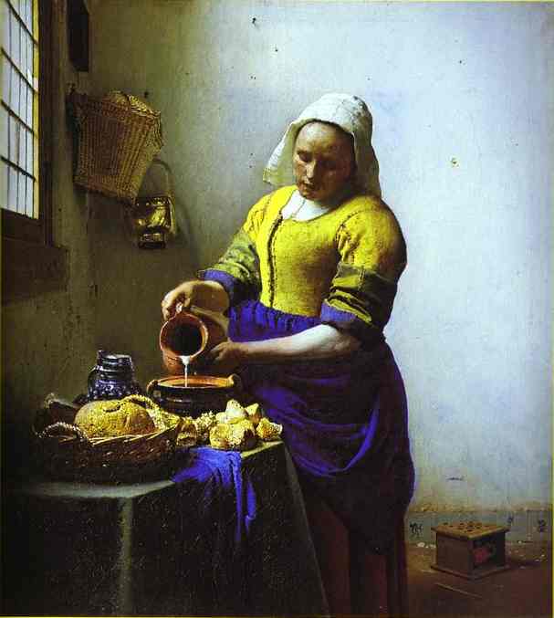 Oil painting:The Milkmaid. c.1658