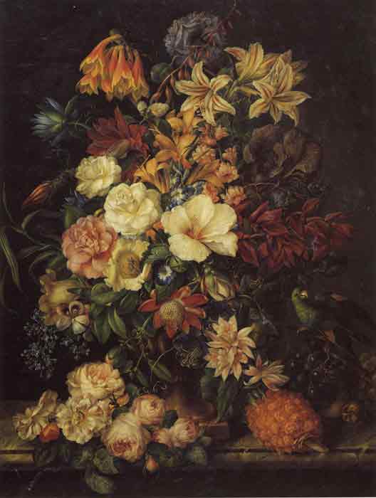 Oil painting for sale:Blumenstuck mit Ananas und Papagei, 1833