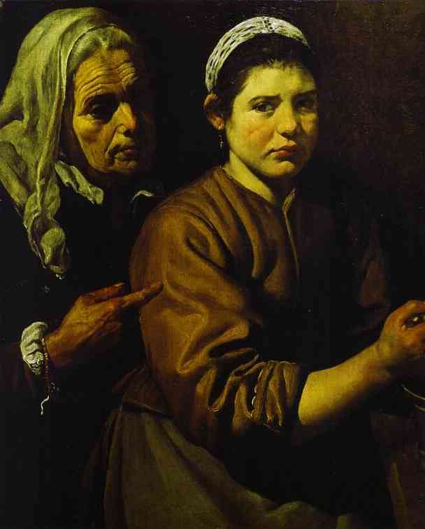 Oil painting:Christ in the House of Martha and Mary. Detail. 1618